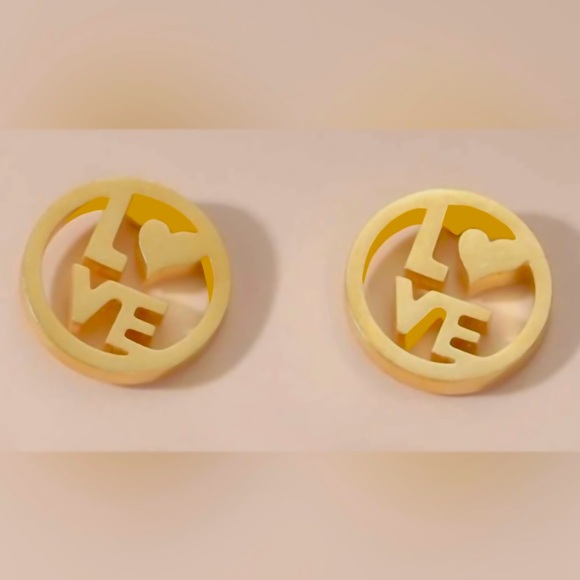 “LOVE” Letters Heart Gold Stainless Steel Cut-Out Circle Romance Mini Tiny Studs - Picture 5 of 11